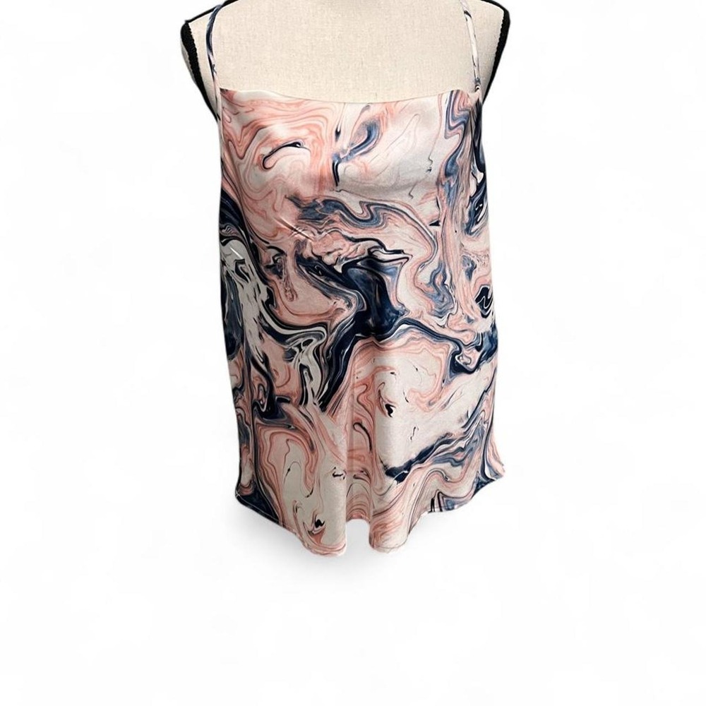 Multicolored Marble Print Satin Feel Camisole Top w/ Cutout Back Women's M Boho
